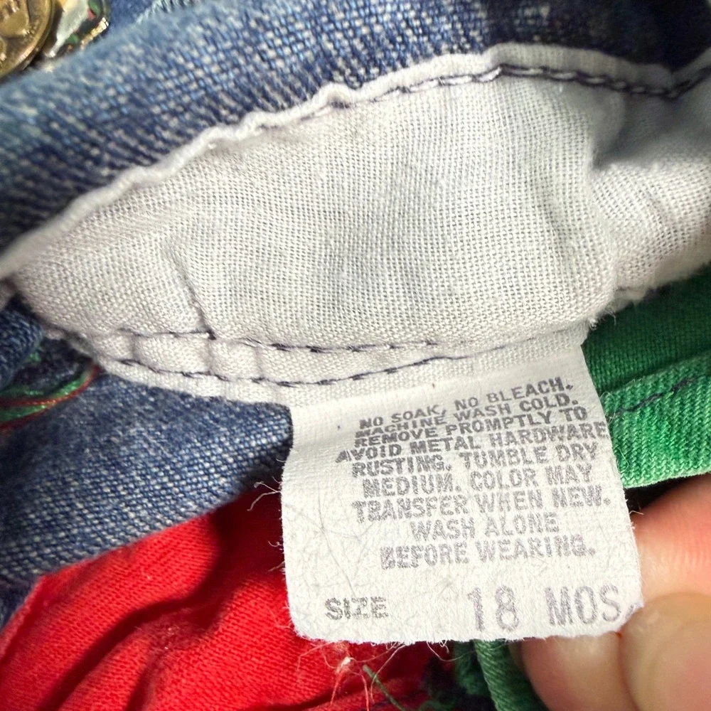 OshKosh B'gosh Overalls Kids 18M Blue Red Green Denim Vintage USA Bear Patch Fat
